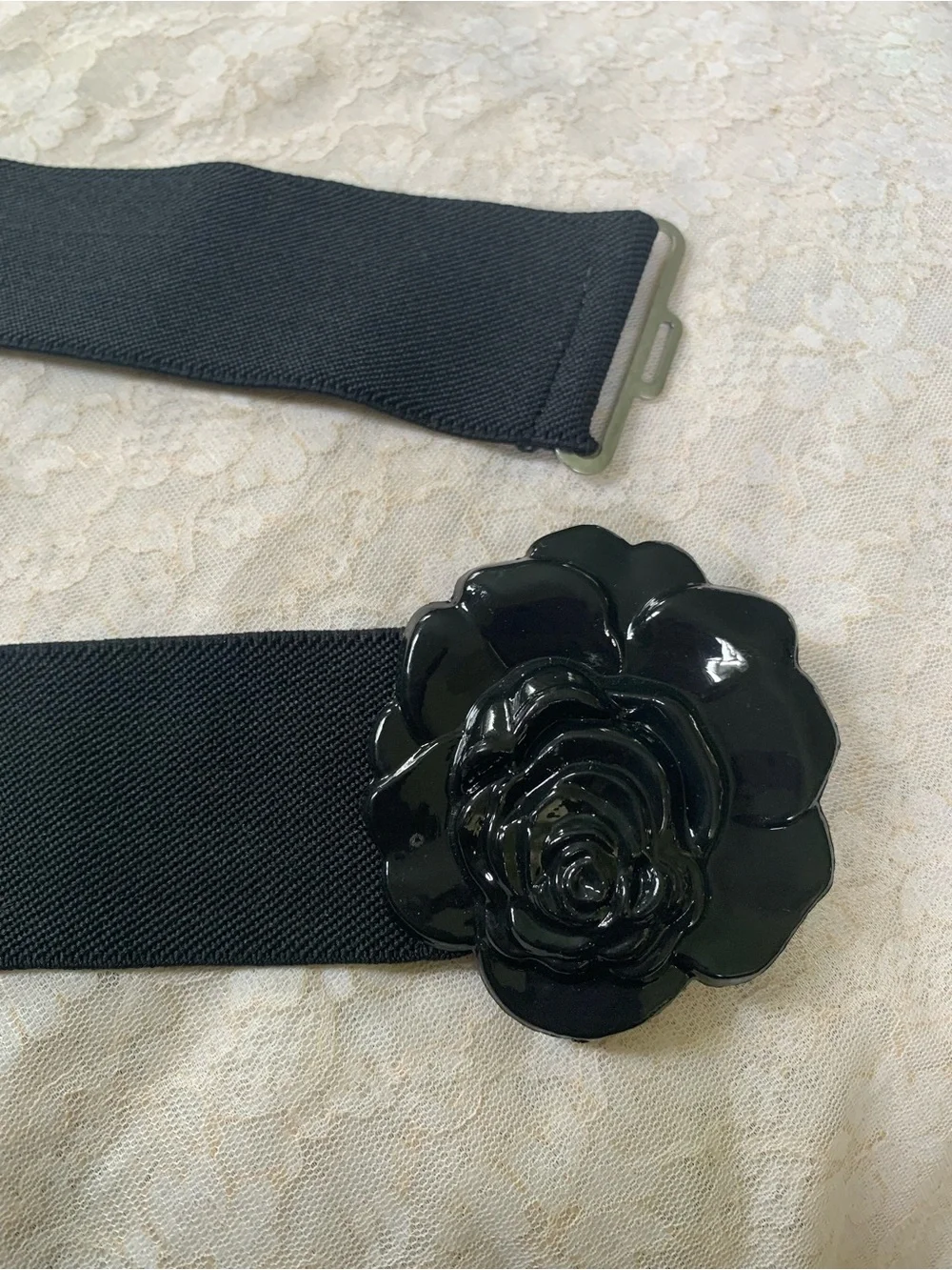 Women’s Black Rose Flower Elastic Stretch Belt | Retro Wide Dress Cinch Band